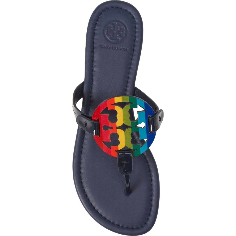 TORY BURCH MILLER ROYAL NAVY RAINBOW REVA LEATHER FLATS THONG SLIDES SANDALS 7.5